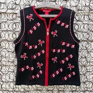 Vintage Y2K Ugly Christmas Sweater Vest Embroidered Candy Cane Peppermints M